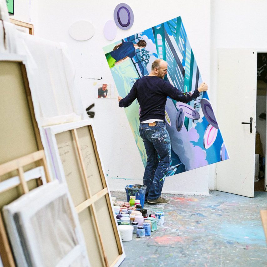 Painter Christopher Winter sorting his paintings at his atelier in Berlin