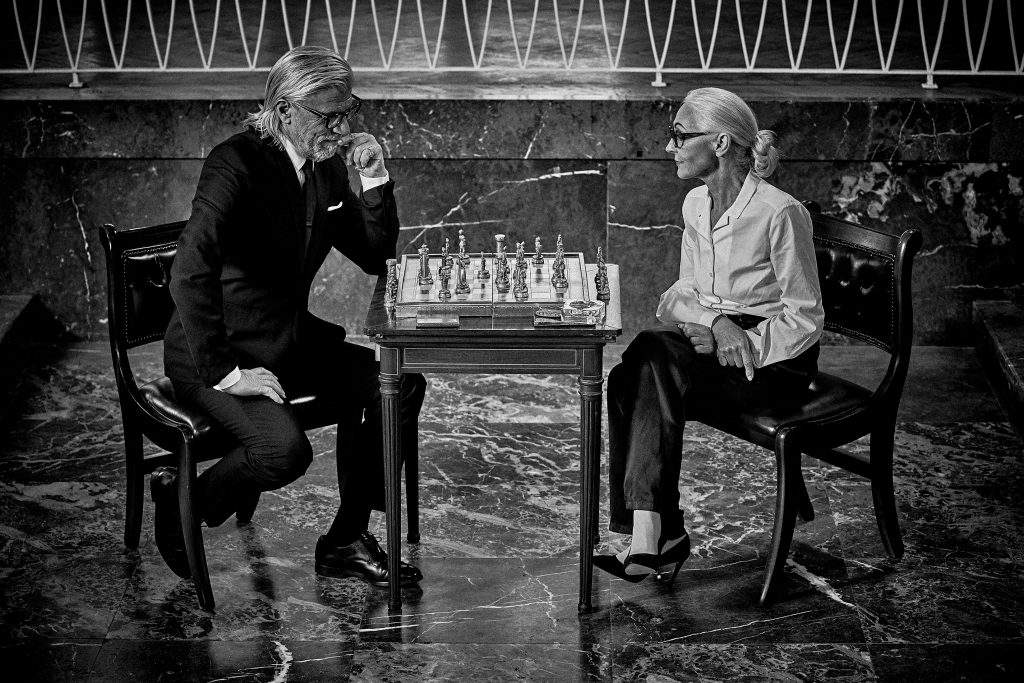 Editorial photo shoot featuring Max Pittion eyewear. Chess game, marvel room , couple playing chess